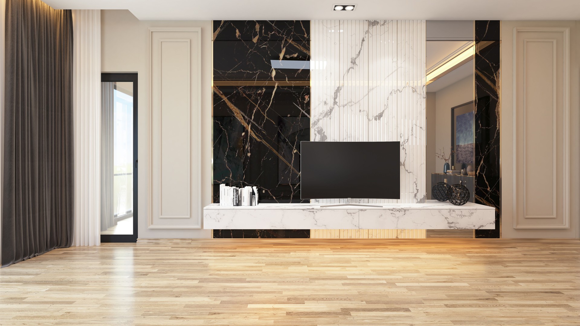 Modern tv unit with marble concept in living room 3d rendering