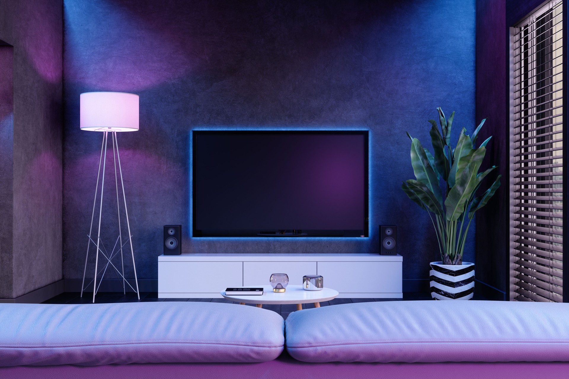 Modern Living Room And Television Set At Night With Neon Lights